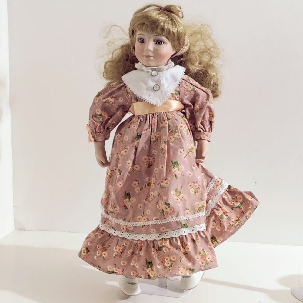 Vintage Porcelain Doll in Flowered Dress with laces